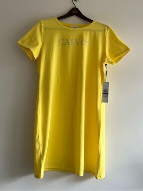 NWT Calvin Klein Yellow Rhinestone Logo T-Shirt Dress S